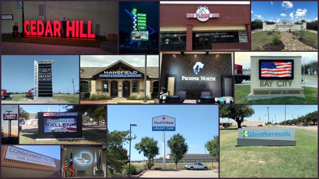 Collage of custom commercial signs manufactured by SignCoDFW in Dallas–Fort Worth